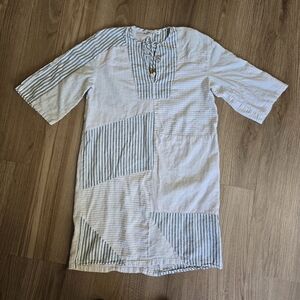 Zara Linen Cotton Striped Patchwork Kaftan Lightweight Ecru Dress Womens Sz S